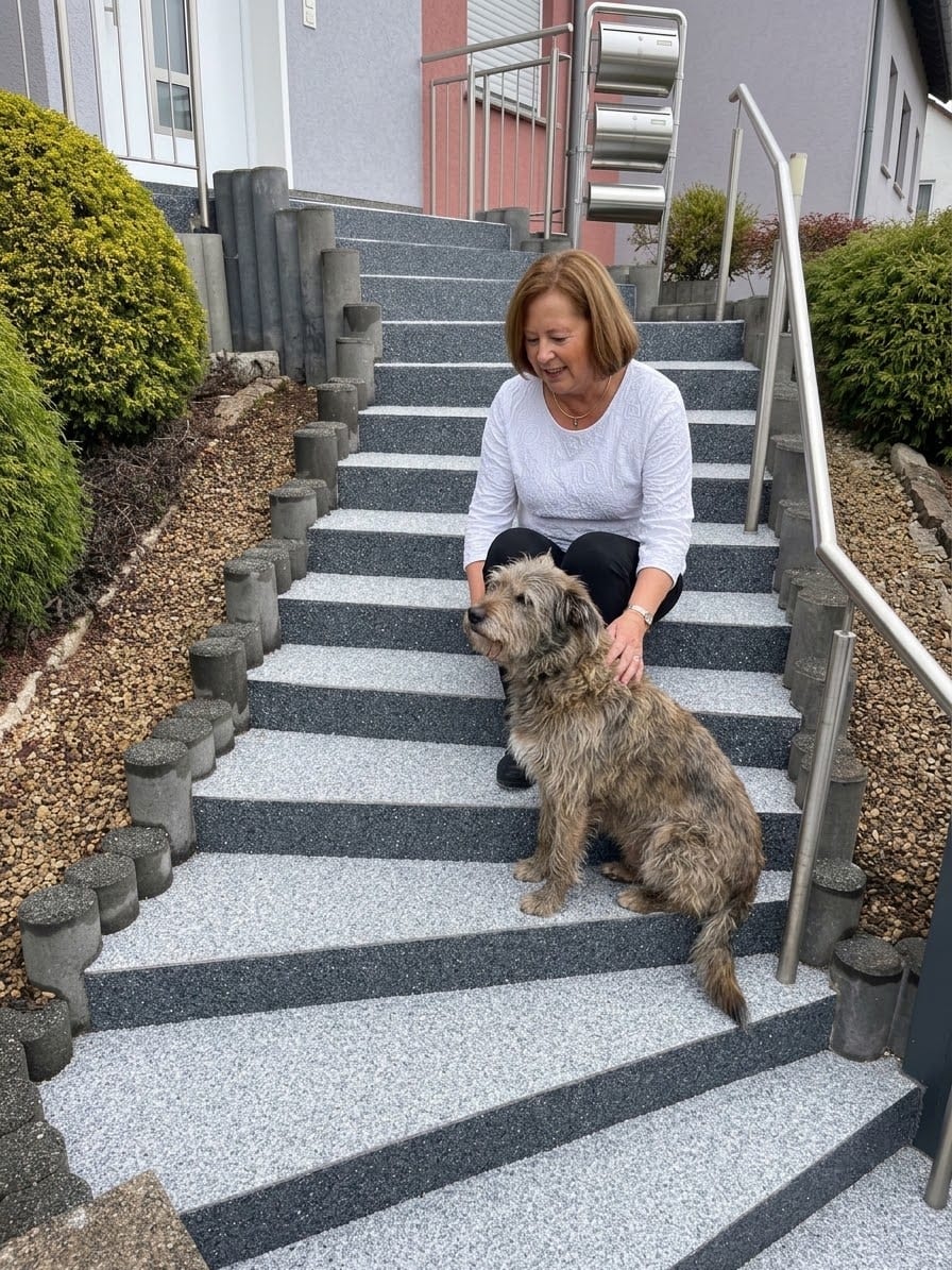 Sanierte Außentreppe mit hellem und anthrazitfarbenem Steinteppich, darauf sitzt eine Frau mit ihrem Hund