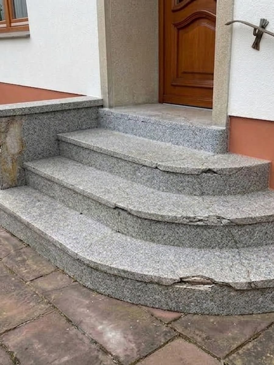 Eingangstreppe aus Granit mit Rissen und abgeplatzten Kanten vor der Sanierung